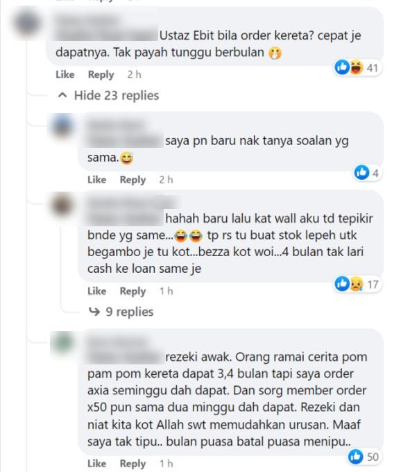 Terdapat warganet yang mempertikaikan kenapa Ebit dapat memperoleh kereta dalam tempoh yang singkat.